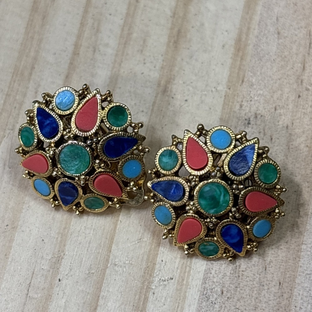 Vintage ART Signed Faux Turquoise Coral Lapis Clip On Earrings Renaissance